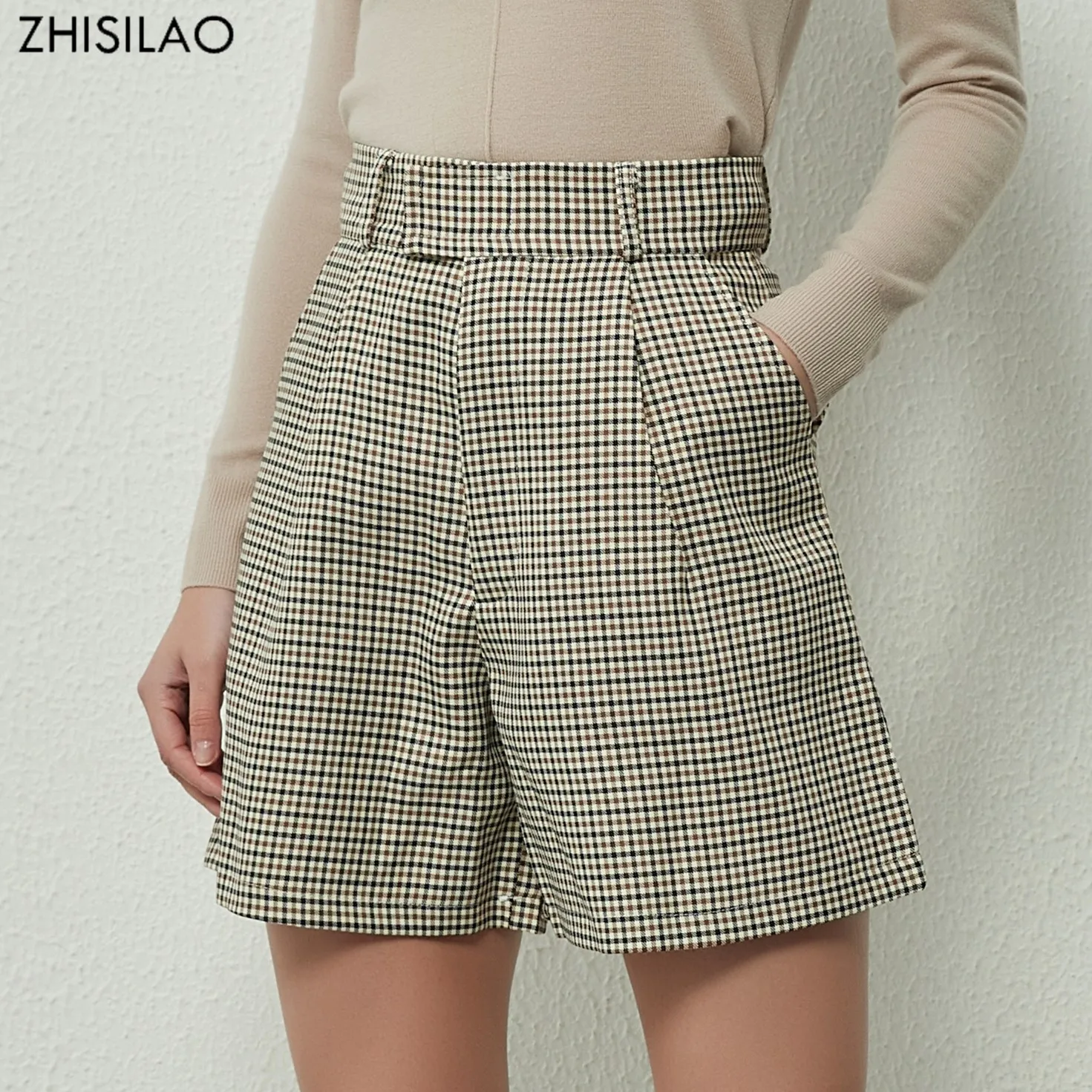 ZHISILAO New Vintage Plaid High Waist Shorts Women Lattice Wide Leg Half- length Shorts Spring Summer 2022