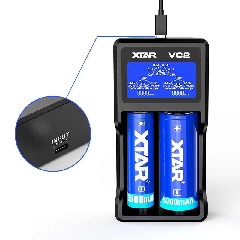 XTAR – chargeur de batterie VC2 18650, affichage de la capacité, USB, pour Batteries Li-Ion 10400 – 26650, 21700 18650