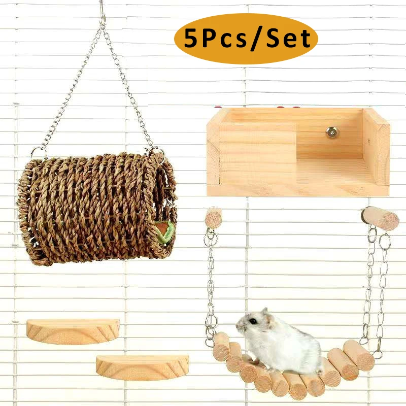 

5Pcs Natural Wood Hamster Stand Platform Rat Activity Playground Chinchilla Cage Accessories Parrot Semicircle Bird Jumping