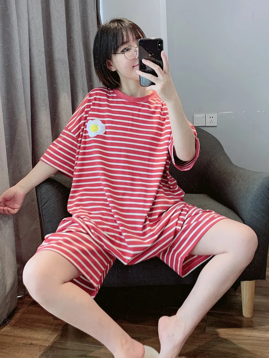 5XL Pajamas Set For Fat mm Women set Nightwear Cute Sleepwear Short Sleeve Pyjamas Loose Summer Home Clothes