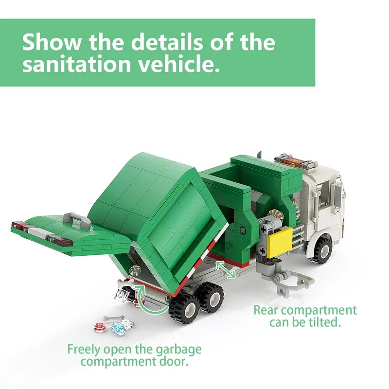 MOC Cityes Care Sanitation Cleaning Green White Bricks Car Model Garbage Truck Building Blocks Children's Education Gift Diy Toy