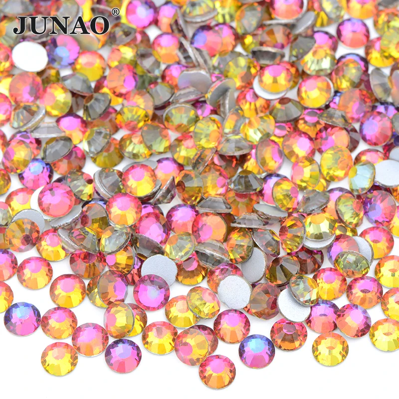 JUNAO SS6 10 12 16 20 30 Red Flame Flatback Non Hot Fix Glass Rhinestone Glitter Diamond Gems Nail Crystal Stones Glue On Strass