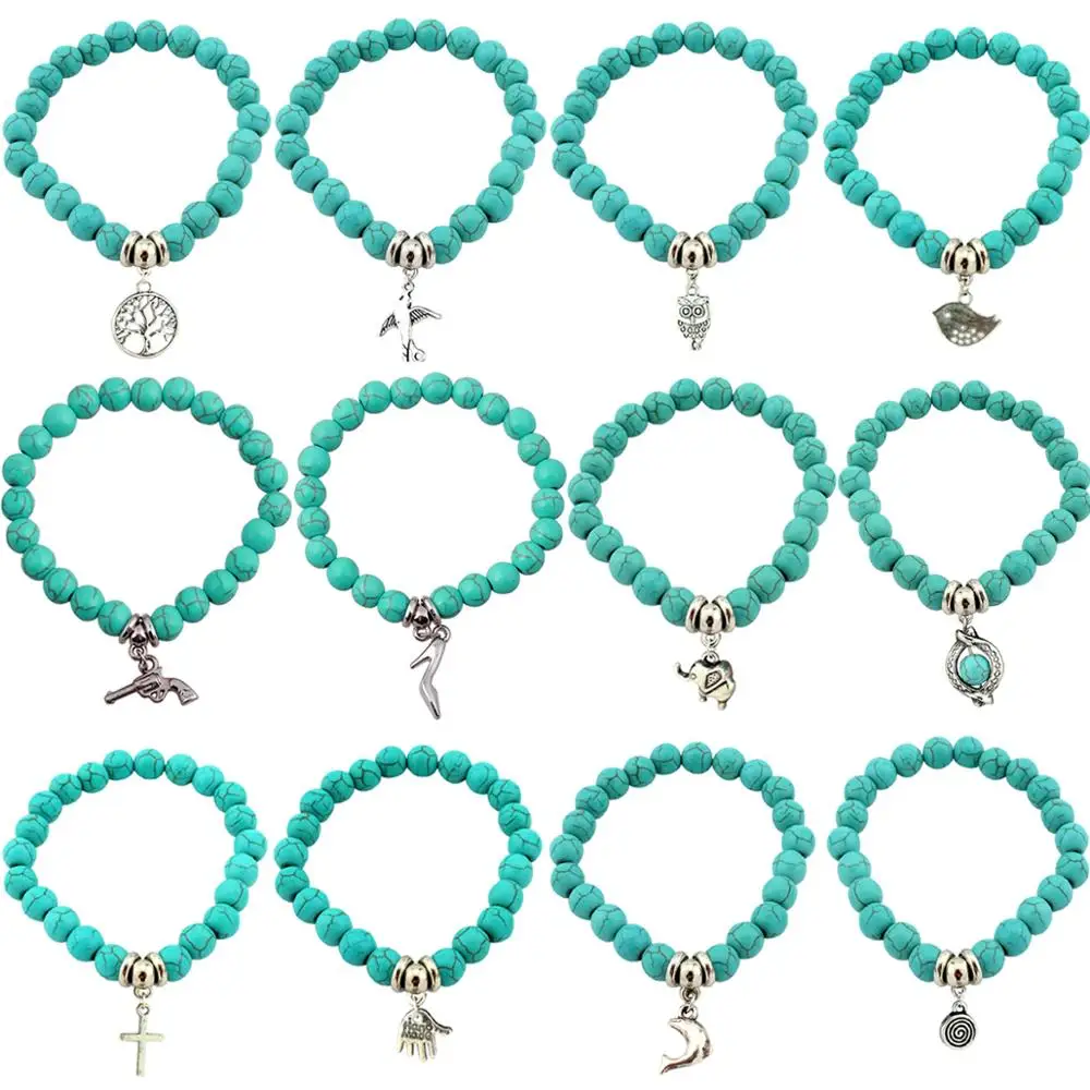 Boho Vintage Turquoises Bracelets for Women Men\'s Handmade Accessories Alloy Pendants Cross Tree Snake Owl Charm Bracelet Bangle