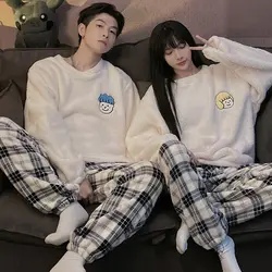 QWEEK-Pijama de terciopelo para parejas, ropa de habitación de estilo coreano, conjunto de ropa de dormir de manga larga para invierno