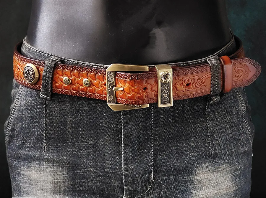 Handmade Designer Copper Button Genuine Leather Strap Male Belts For Men Women Cowhide Embossed Buckle Belt