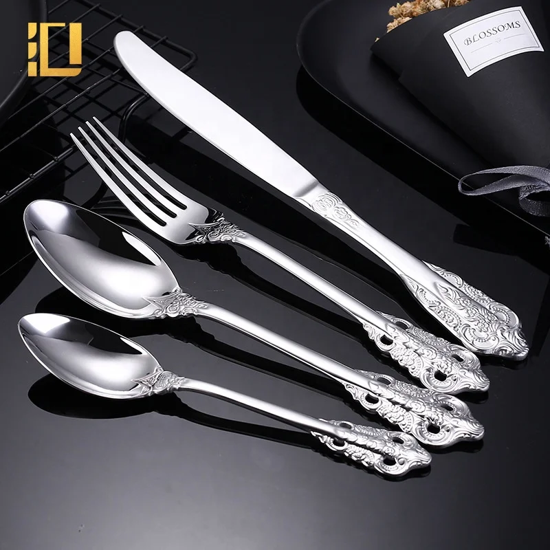 4pcs/set Baroque Style Royal Cutlery Set Gold Luxury Dinnerware Stainless Steel Knife Fork Spoon Tableware For Dishwasher Safe