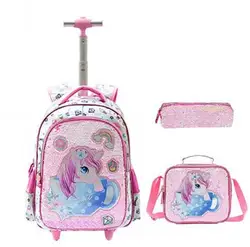 Sequins School Rolling bag wheeled backpack lunch bag set schoolbag with wheels student school trolley backpack Bag for girls