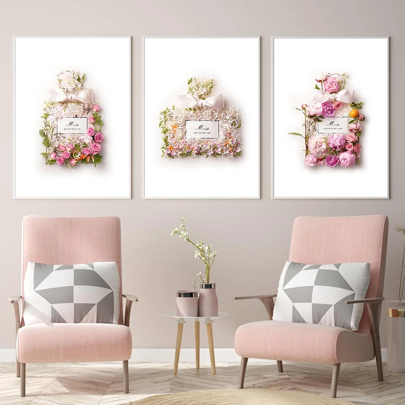 Blush Pink Perfume Flower Bottle Fashion Posters Art Prints Luxury Decorative Pictures Miss Blooming Bouquet Canvas Painting