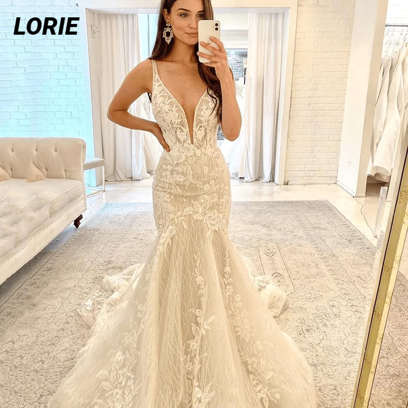 Lorie sexy glitter sereia vestidos de casamento cintas de espaguete sem mangas apliques vestidos de noiva profundo com decote em v vestido de noiva feminino