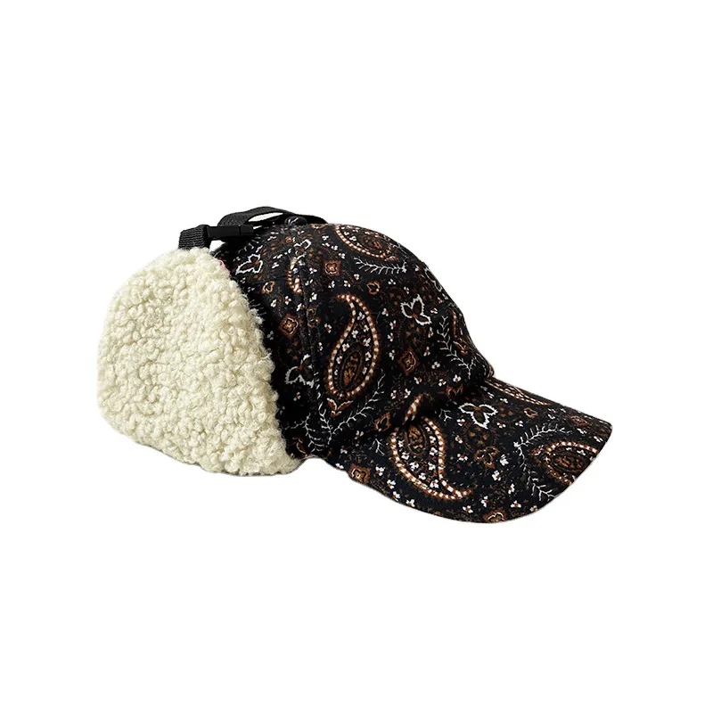 

Hat Female Autumn and Winter Retro Ethnic Style Floral Lei Feng Hat Teddy Roll Cap Thickened Warm Ear Protection Cycling Cap