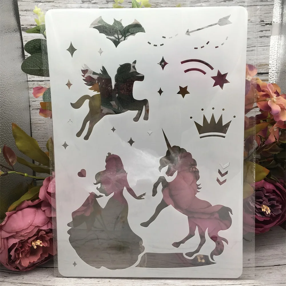 

A4 29cm Princess Unicorn Horse DIY Layering Stencils Wall Painting Scrapbook Coloring Embossing Album Decorative Template