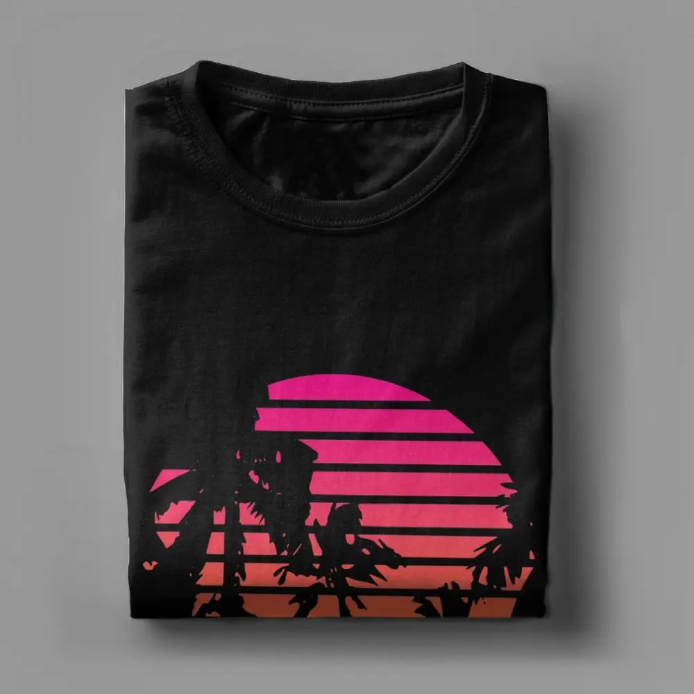 Sunset Palm Tree Vintage Tee Shirt 80s Synthwave Clothes Vaporwave T Shirt Men\'s T-Shirts Japanese Colors Streetwear