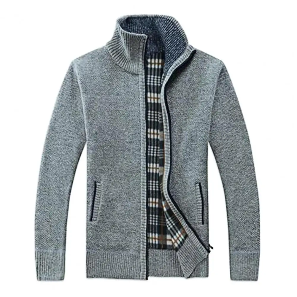 Homens Casaco Cor Sólida Zipper Outono Inverno Solto Stand Collar Plush Cardigan Sweater para Escritório