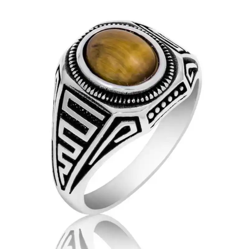 Silver Tiger Eye Men's Ring - 925 Sterling Men's Jewelry Wedding Birthday Gift - Box - For Man - Fashion - Botiva - Size - Turkish - Patterned Embroidery