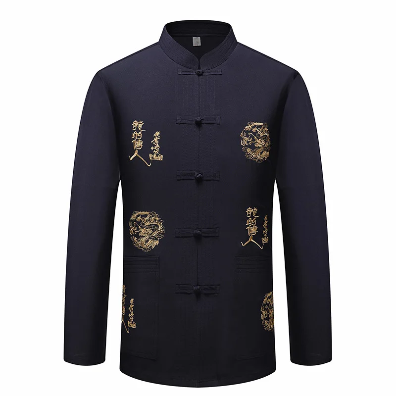 

2021 Traditional Chinese Clothes For Men Long Sleeves Dragon Shirt Hanfu Chinese Tang Suit Men Kung Fu Top Ballroom Tops SL2988