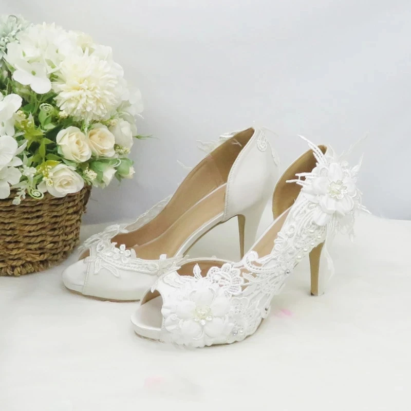 Women Bride Wedding Shoes White Flower 2021 New Party Dress Shoes Ladies Open Toe High Heel Pumps Thin Heels Princess shoes