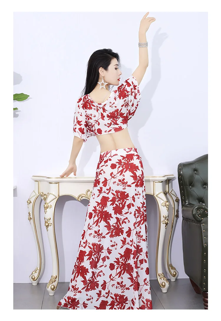 Women Belly dance costume summer new Ms printed water yarn performance suit suit oriental dance performance dance group costume