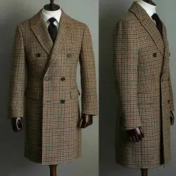 Winter Men Wool Houndstooth Overcoat Double-breasted Six Button Warm Long Coat Formal Tailored