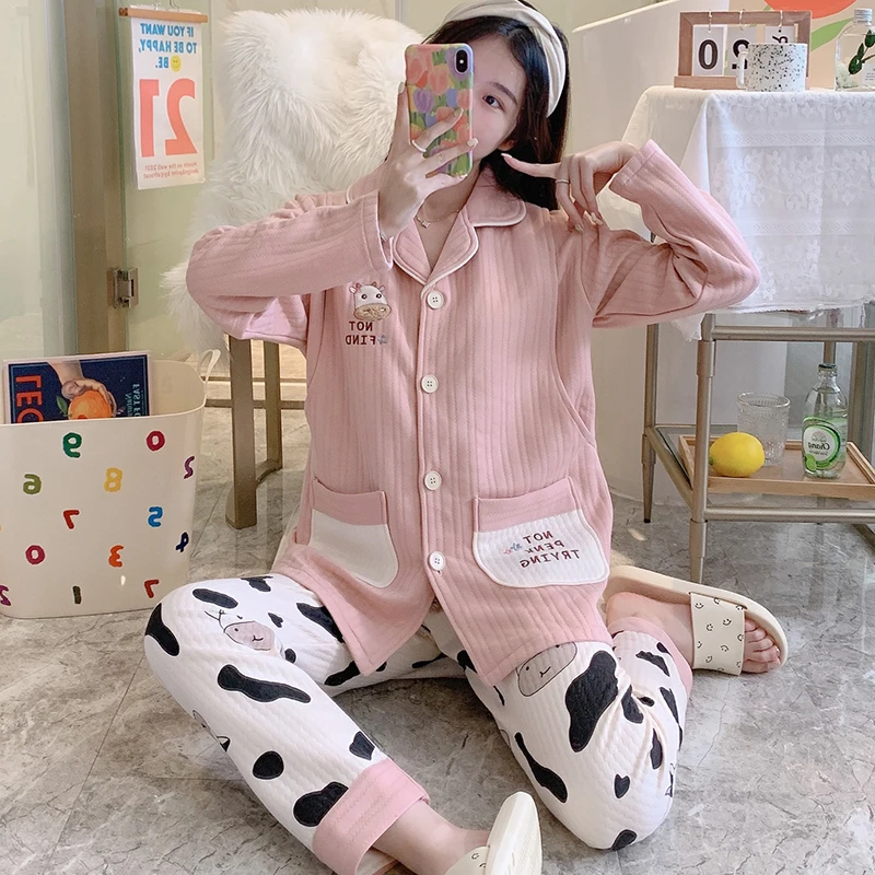 Autumn Winter Thicken Warm Cotton Padded Maternity Nursing Sleepwear Sets Cute Feeding Pajamas Suits Clothes for Pregnant Women