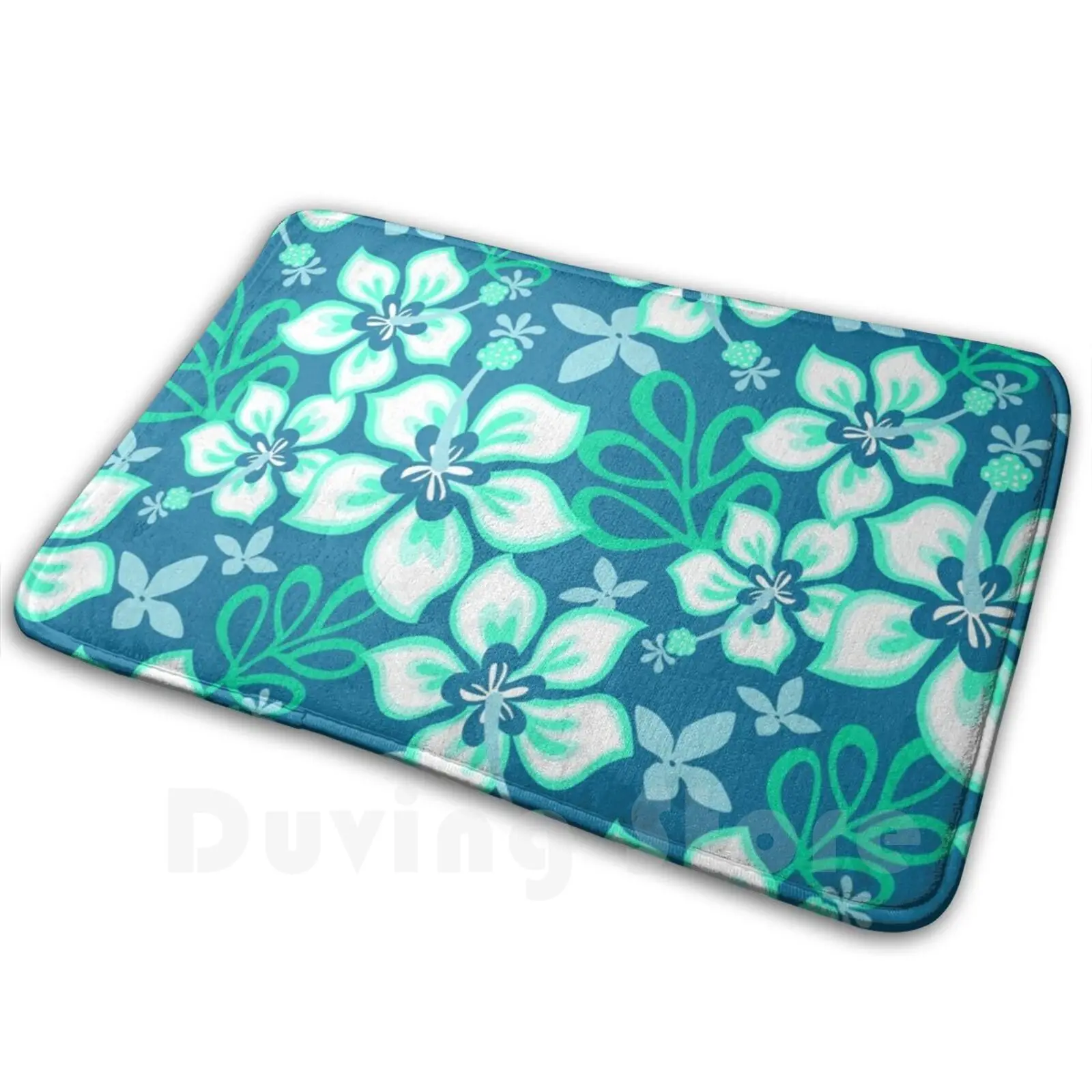 Aqua And White Hawaiian Hibiscus Flower Bloom Pattern On Blue Mat Rug Carpet Anti-Slip Floor Mats Bedroom Botanical Leaf Leaves