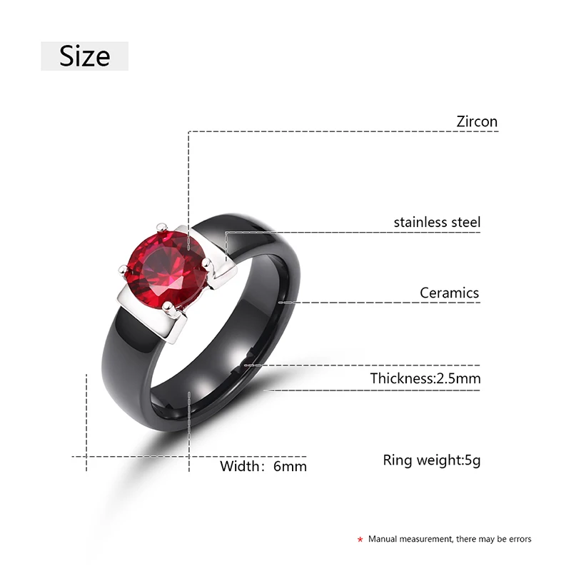 6mm Colorful Crystal Ceramic Rings Red Plus Cubic Zirconia For Women Wedding Ring Engagement Jewelry Black White Smooth Ceramic