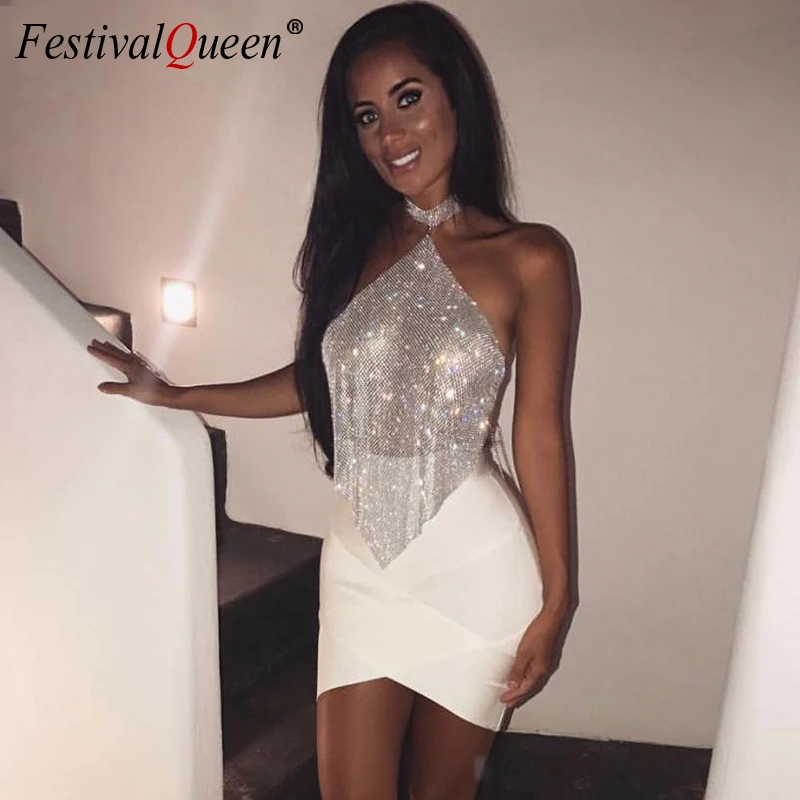 FestivalQueen 2024 Glitter Halter Rhinestones Crop Top Women Backless Party Camis Summer Sexy Diamonds Sequins Tank Top For Lady