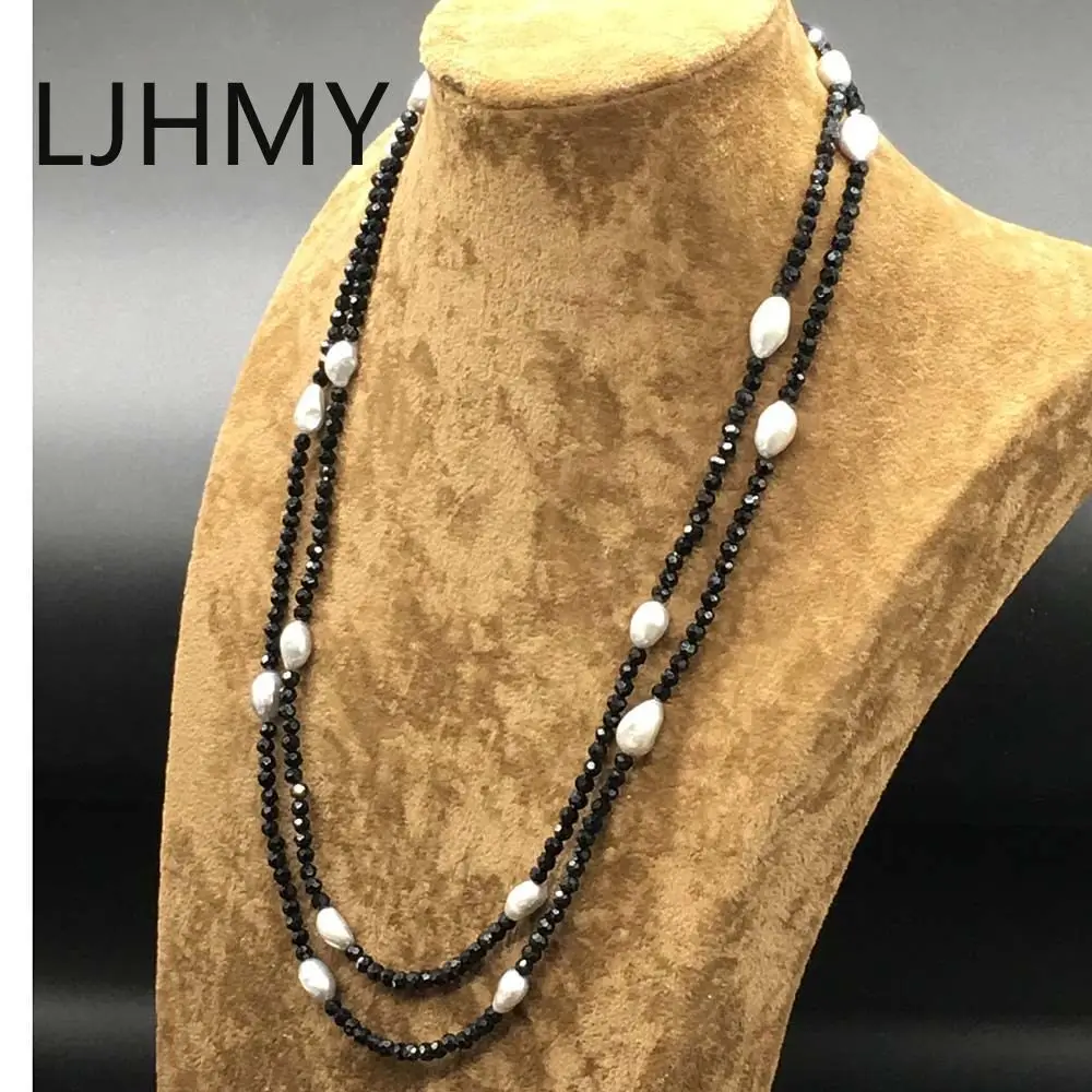 String Black Onyx Faceted Sparking  Real Freshwater Pearl Necklace Long 50 Inches  Punk  Layered Custom Necklace Women