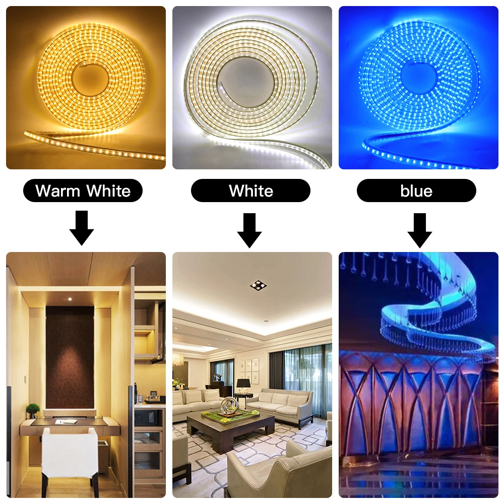 LED 스트립 야외 로프, EU 220, 240V, 방수 IP67, 화이트, 웜 화이트, 블루 SMD 3014, 120LEDs/m, LED 라이트 스트립, EU 스위치 플러그