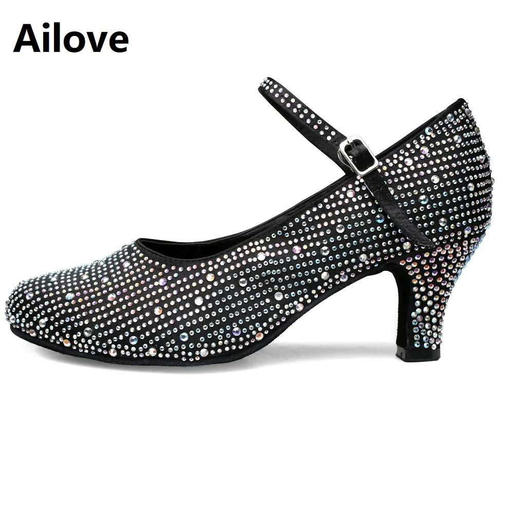 

Ailove Women`s Modern Dance Pumps Black Satin Rhinestone Party Wedding Closed-toe Practice Dancing Shoes Latin Dancer Heels S55