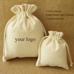 Canvas Gift Bag Packaging Jewelry Cosmetic Makeup Cotton Canvas Drawstring Pouch Wedding Party Gift Sachet Print Logo Sack 50PCS