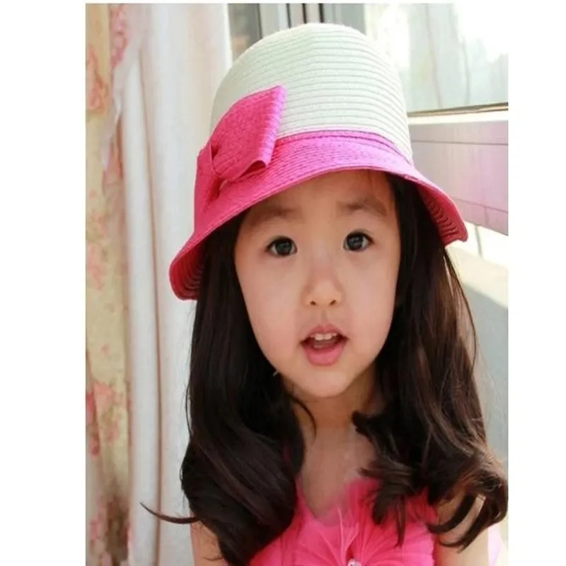 Summer Children Dome Bowknot Baby Straw Hbaby Basin Shading Beach Hat Princess Cap About Blue Cute 52CM