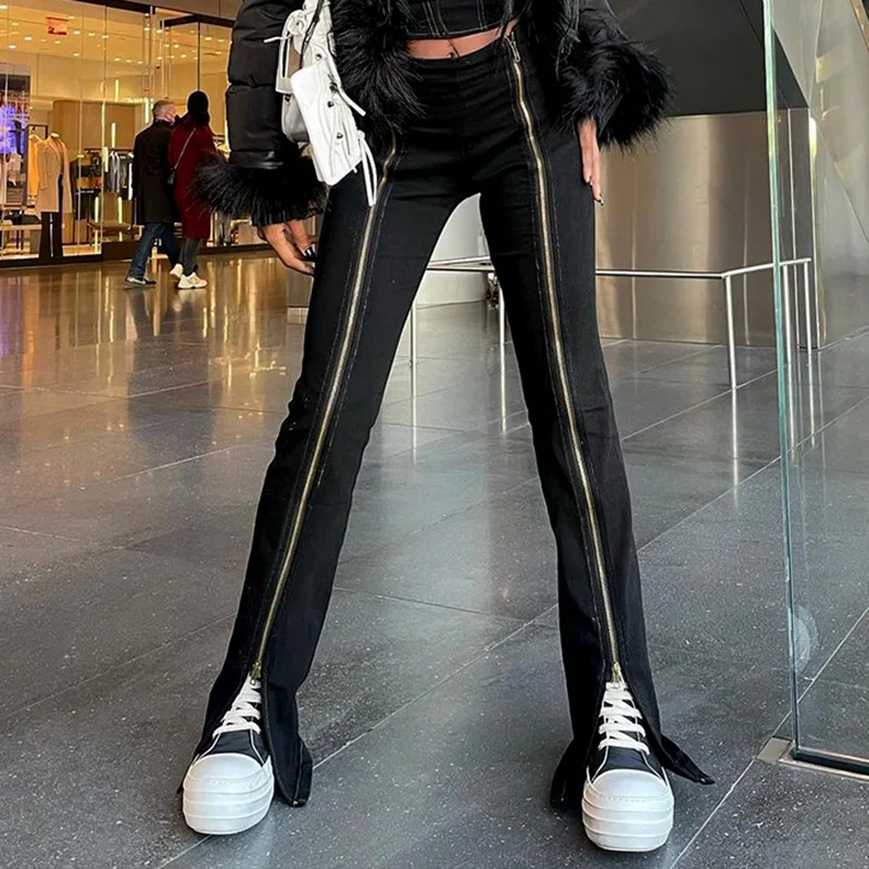 

low waist Flare Pants Women Trousers Front Split Leg Straight Zippers Ladies Korean Clothes Streetwear Black Bell Bottom Pants