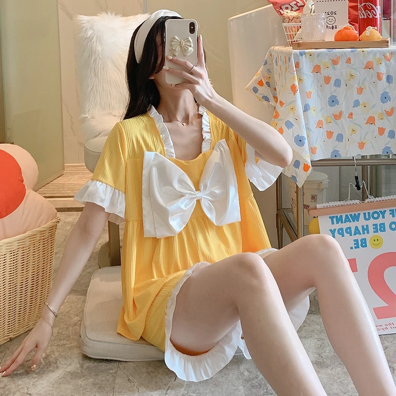 Night Suit Pajama Set Women French Friend Preppy Summer Ruffles Teen Girl Sleepwear Korean Style Kawaii Two Piece Ins Loungewear