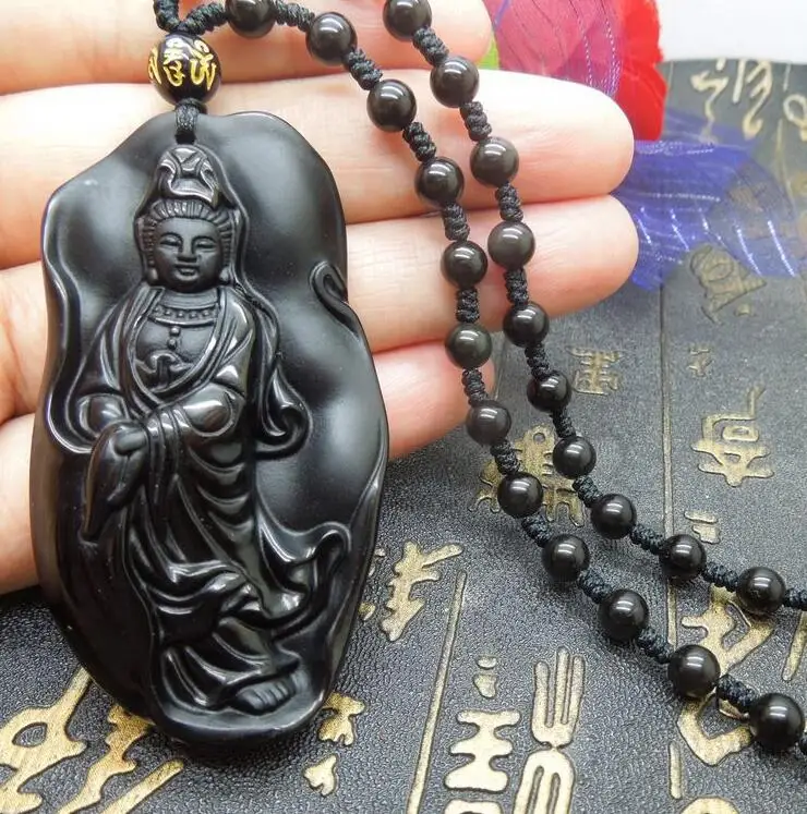 

Прямая доставка, тонкая резьба, натуральный обсидиан, резной биггер, лотос Гуаньинь, черный кулон из обсидиана, мужские украшения, ювелирные изделия из жадеита