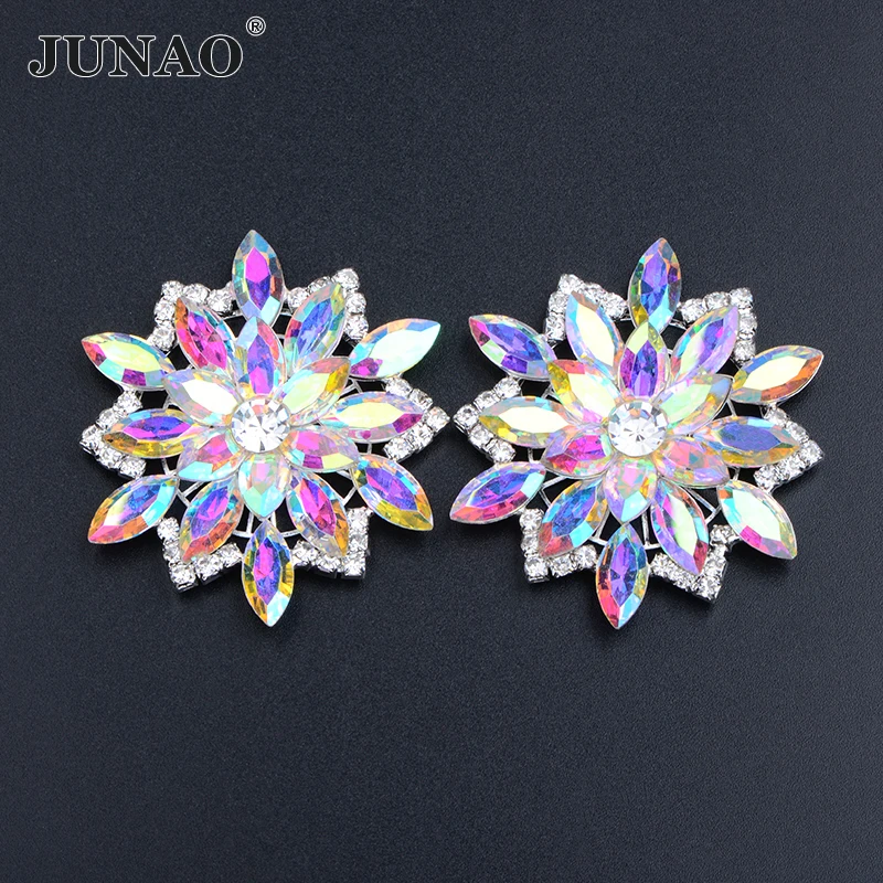 JUNAO 1pcs 50mm Crystal AB Large Zirconia Rhinestone Brooch Zircon Round Flower Crystal Applique For Jewelry Making Supplies