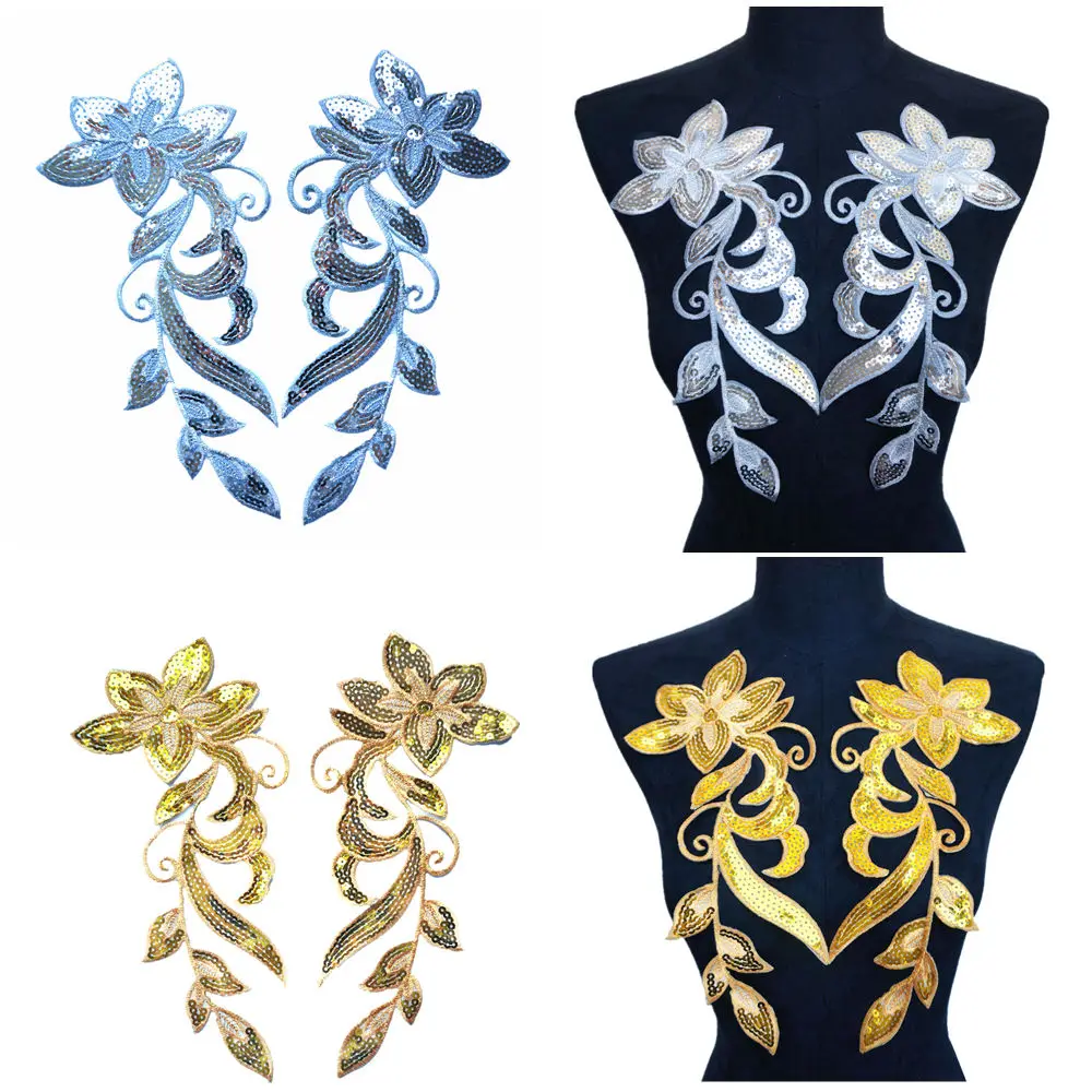 2PCS Gold Silver Sequin Flower Tassel Embroidered Gown Appliques Iron Sew On Patches Fabric Collar For Wedding Decor Dress DIY