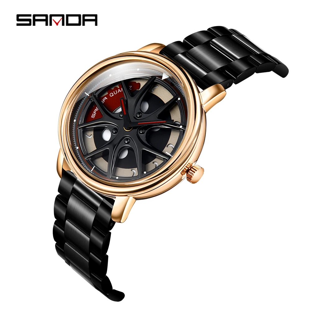 SANDA High Quality Stainless Steel Strap Men Watch Premium Quartz Movement Wheel Shaped Rotating Dial Relogio Masculino 1025