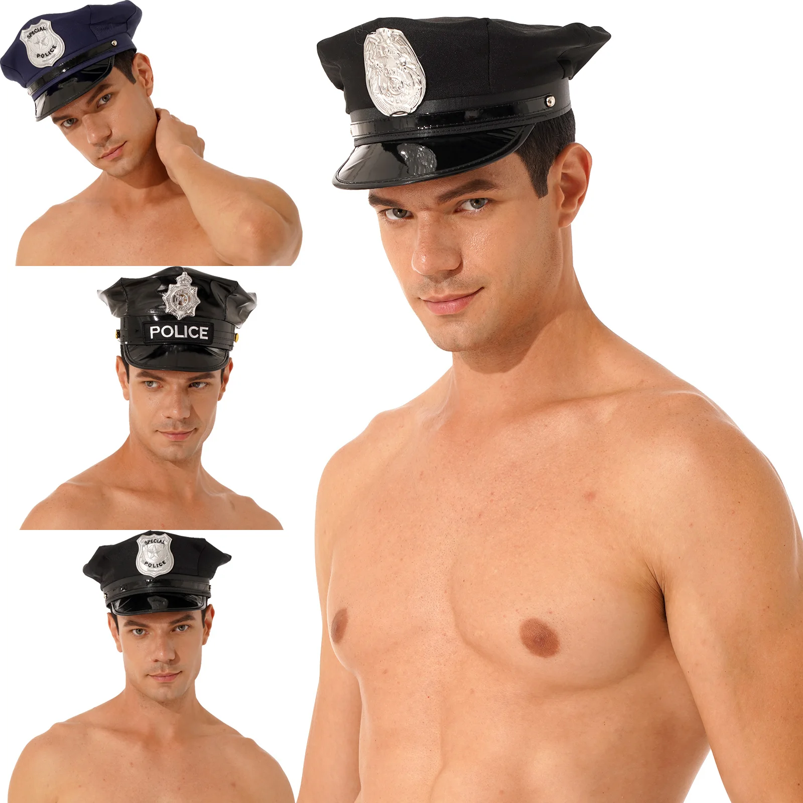 Imitación de cuero de rol de policía sombrero de capitán disfraz de fiesta de Halloween accesorios puesta en escena gorra con accesorios para hombres gorra de policía nuevo