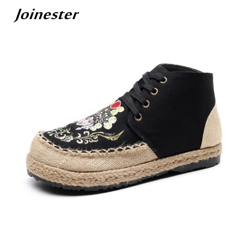 Women Cotton Hemp Embroidered Casual Shoes Girls High-Cut Vintage Wide Toe Leisure Sneakers Lace-Up Non-Slip Flat Heeled Shoes