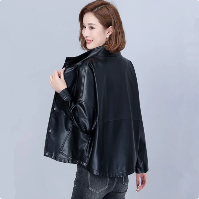 UHYTGF Women's Spring Autumn Sheepskin Coat Single-Breasted Casual Short Leather Jacket Female Korean Loose Size Outerwear 2338