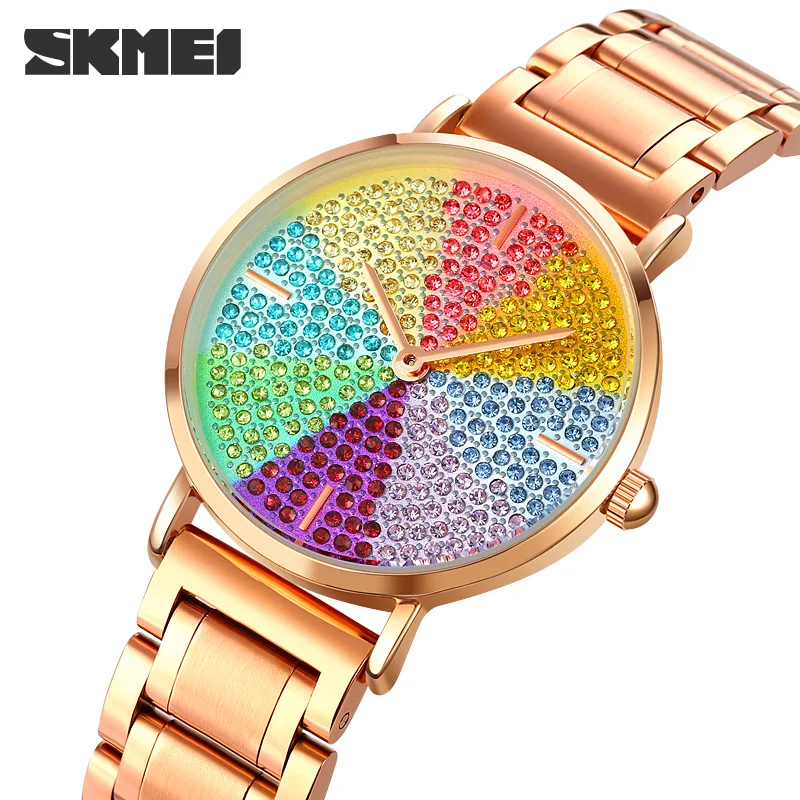 SKMEI Women's Quartz Watch Colorful Rhinestone Female Hand Clock Fashion Luxury Waterproof Wristwatches Gift For Lady Girl 1811