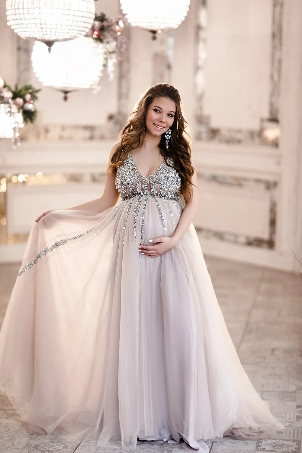 Robe De Mariée Women Bathrobe V Neck Sleepwear Tulle with Sequins Nightgown Long Sleeve Long Robe