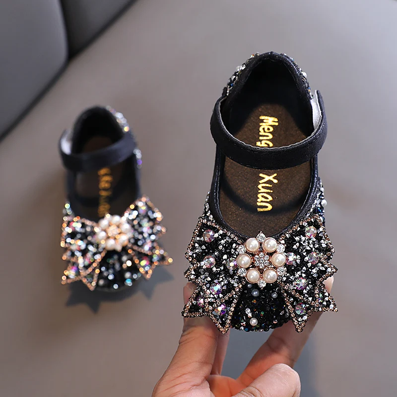 Zapatos de cuero de princesa con diamantes de imitación para niña, zapatillas de baile planas con lazo, novedad de primavera, 2022