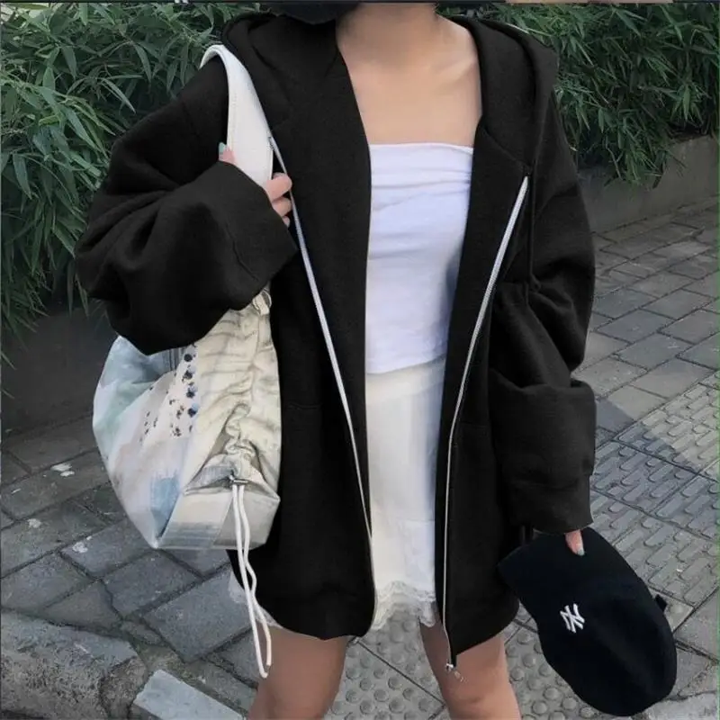 

Zip Up Sweatshirt Winter Plus Velvet Coat Clothes Hoodies Women Loose Vintage Pockets Autumn Long Sleeve Hooded