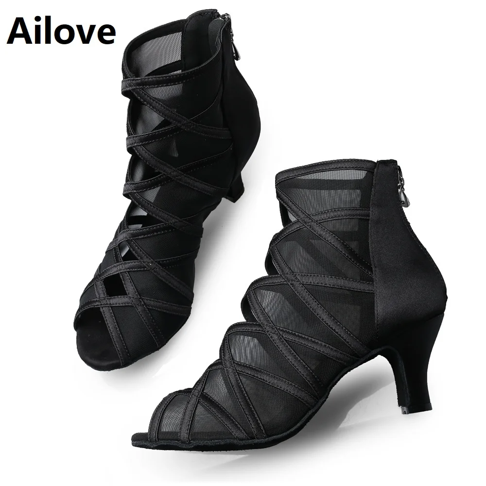 Fashion Ballroom Latin Salsa Dance Boots Women Social Dancing High Heels with Black Mesh Satin Cross Strap S027