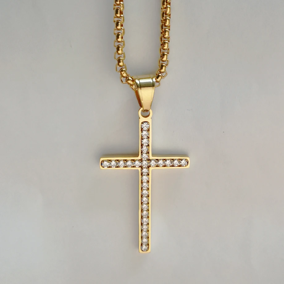 Fashion Female Cross Pendants dropshipping Gold Color Stainless Steel Iced Out Cross Pendant Necklace Jewelry For Men/Women