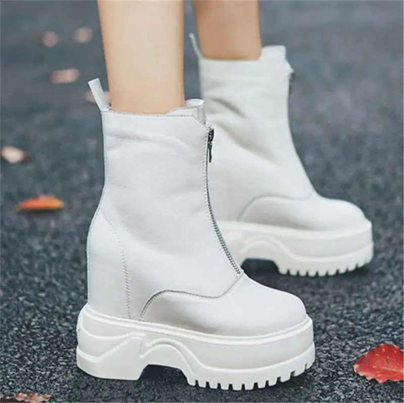 Women Cow Leather Round Toe Ankle Boots Platform Wedge High Heel Front Zip Military Combat Motorcycle Creepers Casual Shoes