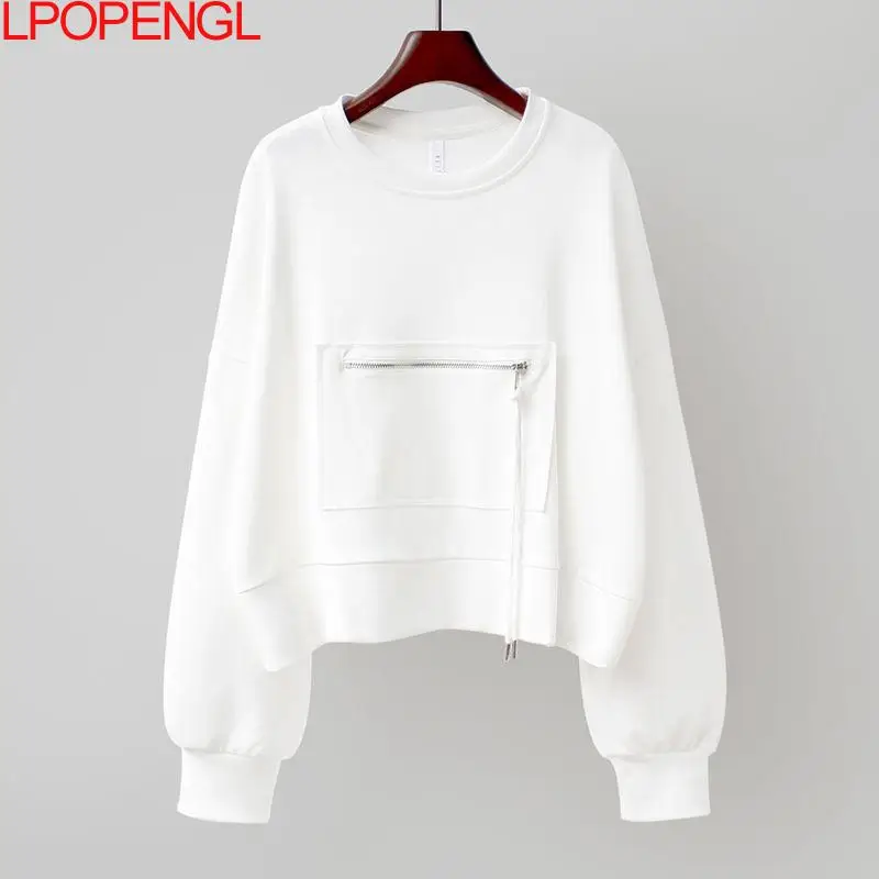 Pullovers Women Sweatshirt Solid Color Zipper Draw String Fashion Casual Ladies Tops Long Sleeve O-neck Streetwear Sweatshirts