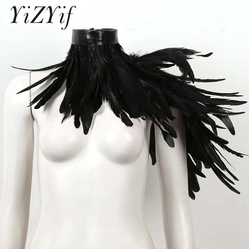 

Punk Gothic Black Feather Cape Shawl One Shoulder Shrug Shawl Wings Choker Collar Party Halloween Performance Show Decoration