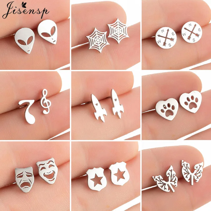 Cute Stainless Steel Dog Paw Earrings for Women Jewelry Trendy Alien Compass Rocket Lung Studs Earring Girls Birthday Gift